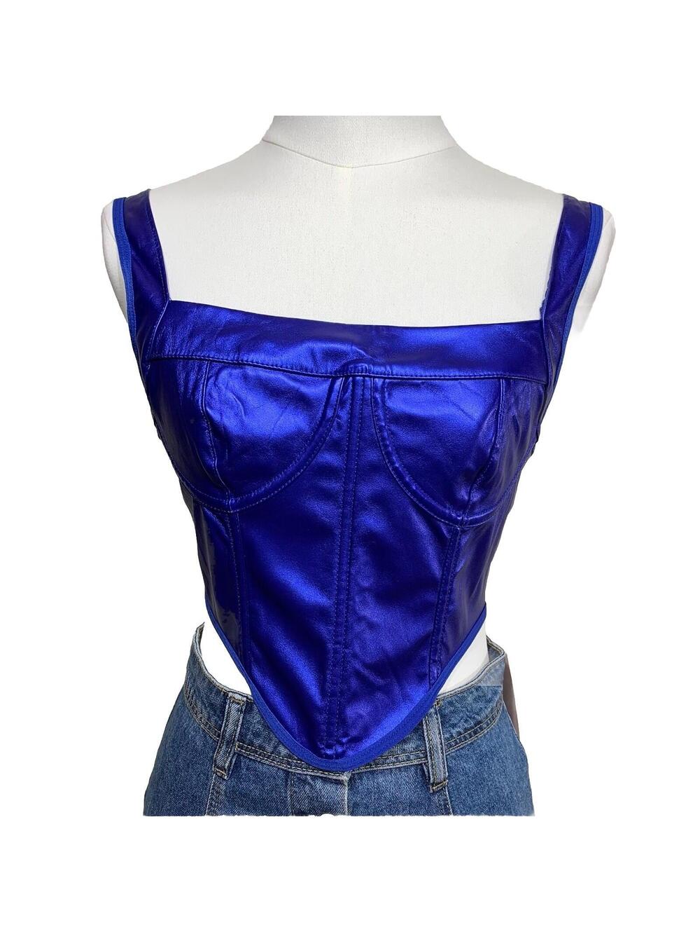 SHEIN BAE Corset Top Womens S Electric Blue Metallic Faux Leather sw220714406045